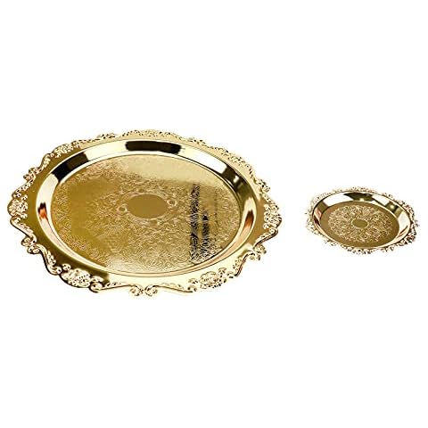 Quluxe Vintage Round Metal Food Serving Tray, 2 Pcs Reusable Decorative Appetizer Platter for Kitchen, Party, Centerpiece Display- Gold (4 Inch+10 Inch) Cover