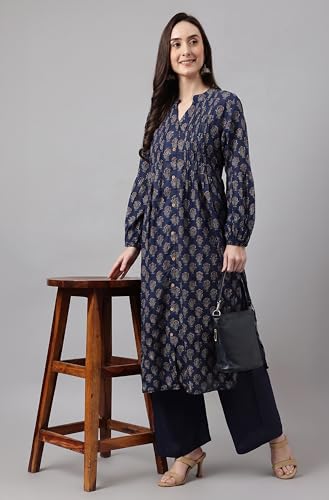 Image of Janasya Women's Pure Cotton Floral Printed A-line Kurta