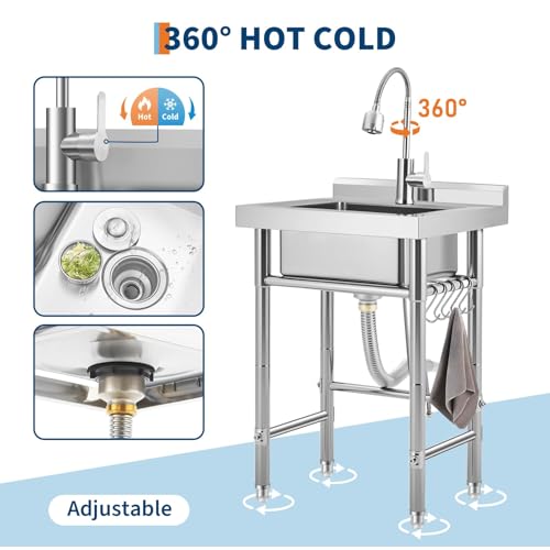 Image of Garvee Stainless Steel Utility Sink with Faucet & Storage Shelf, 304 Single Bowl Freestanding Sink with Adjustable Legs, S-Hooks, Hot & Cold Water Pipes for Kitchen, Laundry, Garage, Farm, Outdoor Use
