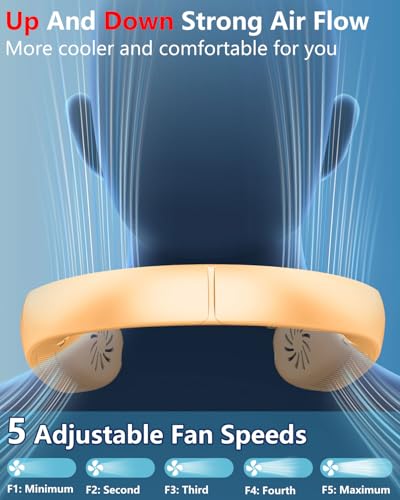 Image of Neck Fan that Blow Cold Air with Mist Spray, Rechargeable with Long Battery Powered, Foldable Water Cooler with LED Display, Leafless Necklace Fans for Women Adult Hot Flashes Summer Outdoor, Apricot