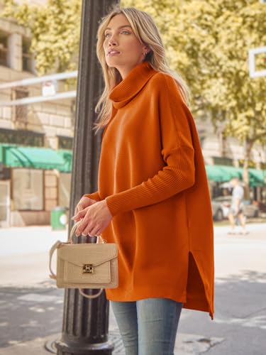 Image of LILLUSORY Women's Turtleneck Oversized Sweaters Long Batwing Sleeve Spilt Hem Tunic Pullover Knit Tops