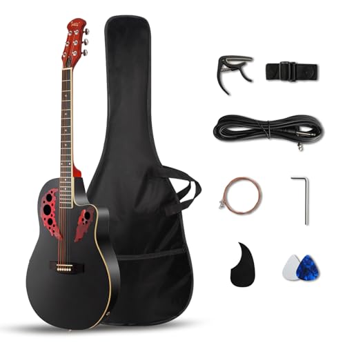 GLARRY 41in Acoustic Electric Guitar, Unique Round-back Design, 6 String Cutaway Guitar Beginner Kit with EQ, Bag, Strap, Picks, Strings (Black, Full-Right Handed)