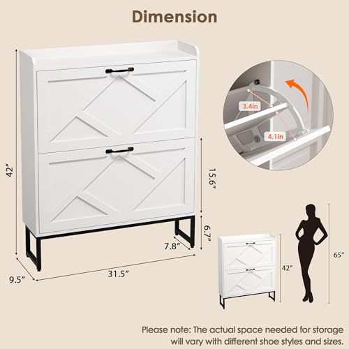 Image of Nicetree Shoe Storage Cabinet with 2 Flip Drawers, Freestanding Shoe Organizer, Shoe Cabinet with Metal Legs, Narrow Shoe Rack Cabinet, Farmhouse Slim Shoe Cabinet for Entryway, Foyer, Hallway, White