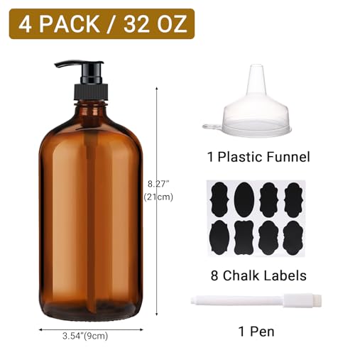 4 Pack 32 oz Amber Glass Pump Bottles, Glass Dispenser Bottles with Pump, Boston Round Bottles with Pumps for Shampoo and Conditioner, Body Shower, Lotion, Soap, Massage Oils2