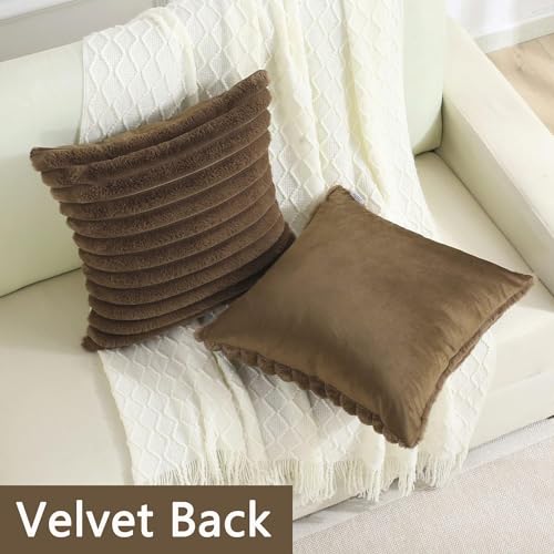Image of MONKDECOR Single Sided Faux Fur Plush Throw Pillow Covers 12x12 Set of 1 Fuzzy Striped Soft Cozy Pillowcase Luxury Decorative Pillows Square Shaggy Cushion Covers for Couch Sofa Bed, Brown Color