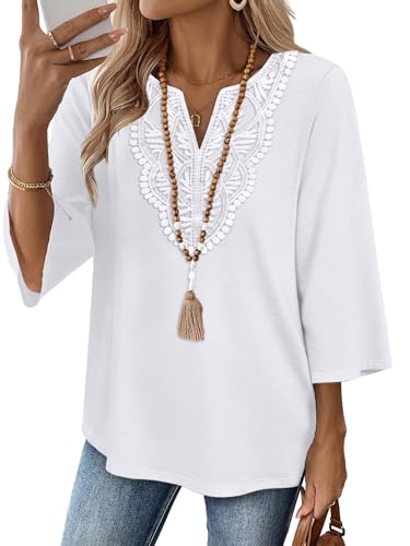 Image of WIHOLL Ladies Tops Blouses for Women UK V Neck 3/4 Sleeve Lace Top Womens Summer Tops White 26-28