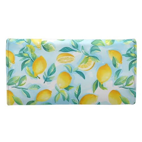 Image of AFPANQZ Leather Wallets for Women, Lemon Print RFID Blocking Checkbook Wallet with Cit Card Slots Phone Holder Zip Pocket, Buckle Closure, Ladies Purse