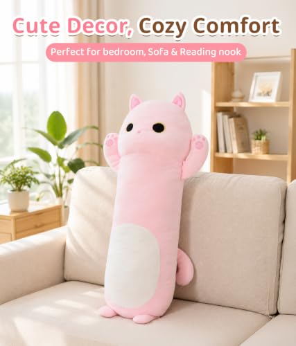 Image of MaoGoLan Long Cat Body Pillow for Kids, 44'' Big Kitten Plush, Pink