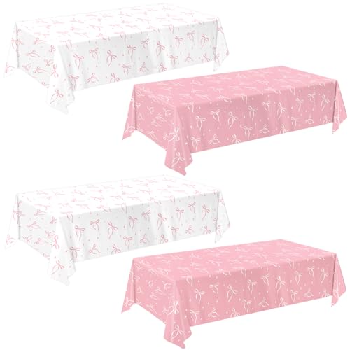 Image of QIYANPAX 4 Pack Pink Bow Tablecloth, Coquette Birthday Decorations, Bow Disposable Table Cover for Wedding Engagement Bridal Birthday Decorations, 54 x 108 Inch