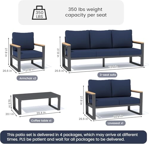 Image of Sundale Outdoor Aluminum Patio Furniture Set, 5 Piece Outdoor Conversation Sets with Coffee Table and 6 inch Thick Olefin Cushions, All Weather Outdoor Sectional Set for Deck, Lawn, Yard (Navy Blue)