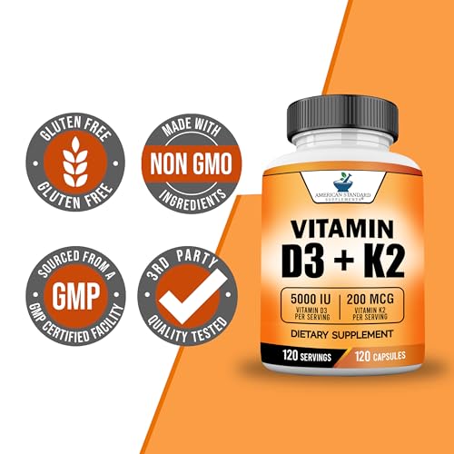 Image of American Standard Supplements Vitamin D3 5000 IU (125mcg) Plus Vitamin K2 (MK7) 200mcg Per Capsule - Gluten Free, Non-GMO, 120 Capsules, 120 Servings, 120 Day Supply (Pack of 2)