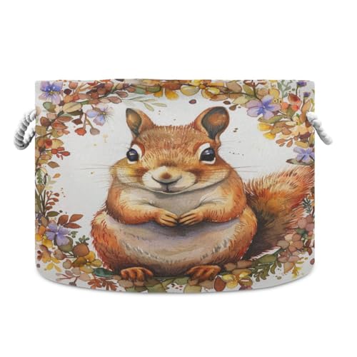 Round Storage Basket Cute Squirrel with Floral Circle Open Home Storage Bin 20 * 13.9in