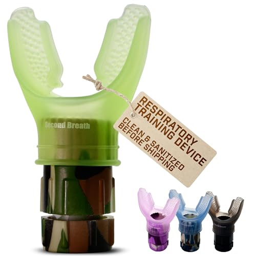 Second Breath Respiratory Trainer | Made with High Grade Silicone | Premium Lung Exerciser in Four Exotic Colors | Breathe Easier with Stronger Lungs | Portable & Easy to Clean (Green Camo)