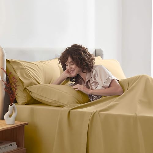 Image of Nestl Extra Deep Cal King Sheet Set - 6 Piece Breathable & Cooling Sheets - Hotel Luxury Bedding Set w /18-24 Inch Deep Pockets - Easy & Secure Fit - Super Soft, Wrinkle Free & Comfy - Camel Gold
