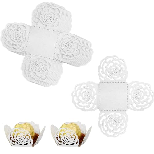 Papel para Envolver Trufas de Chocolate, 50 PCS Estuches de Trufas Mini Estuches de Oro con Patrón de Rosas para Navidad, Boda, Cumpleaños, Fiesta de Baby Shower, San Valentín (Blanco)