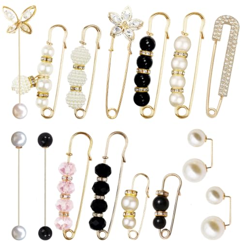 Image of 15PCS Pearl Brooch Safety Pins, Pant Waist Tightener Sharp Pins for Sweater Shawl Collar Dress Cardigan Shirt Jeans Clothes Accessories Decoration for Women