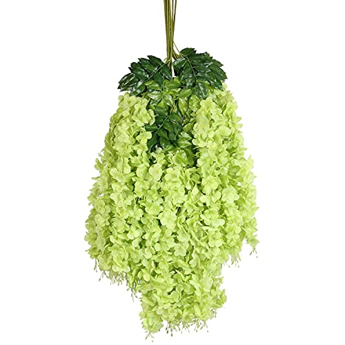 Image of 6 Pcs Artificial Polyester Hanging Flower Wisteria Vines Fake Flowers Vines for Home Party Wedding Garden Outdoor Greenery Decoration (6, Green)