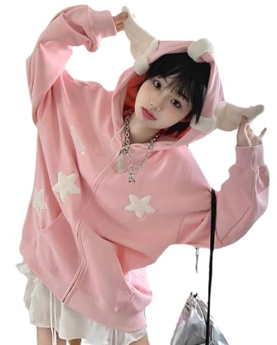 grhaat Kawaii Angel Wings Star Hoodie Y2k Japanese Anime Zipper Harajuku Casual Sweatshirt Cutecore Designer Streetwear, Pink, XL