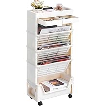 AGTEK 5 Tier Rolling Utility Cart, Book Cart with Wheels, Office Book Carts with Divided Top Shelf for Organizing Books and Supplies in Home, Office, Classroom, White
