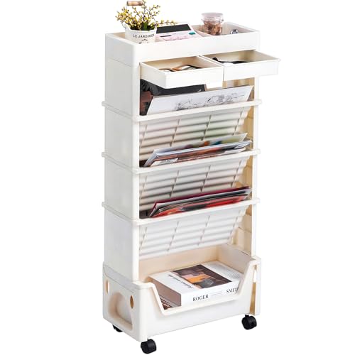 AGTEK 5 Tier Rolling Utility Cart, Book Cart with Wheels, Office Book Carts with Divided Top Shelf...
