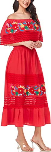 Image of YZXDORWJ Women Embroidered Mexican Peasant Casual Sexy Lace Off-Shoulder Long Dress