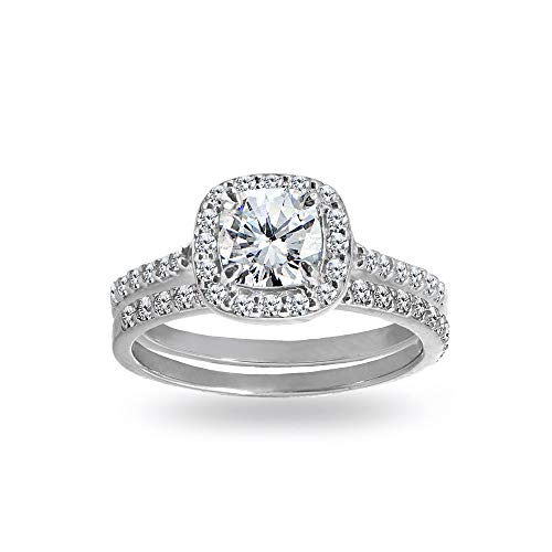 Sterling Silver Cubic Zirconia Cushion-cut Halo Bridal Wedding Band Engagement Ring Set, Size 5