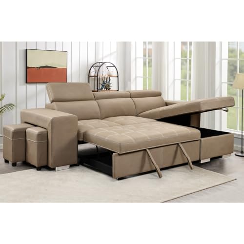 THSUPER 102'' Microfiber L Shaped Sectional Sleeper Sofa Couch with Pullout Bed and Storage Chaise, Convertible Couches with Adjustable Headrest for Living Room, Reversible Chaise. Light Brown