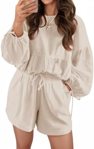 Tankaneo Womens 2 Piece Outfits Lounge Sets Puff Long Sleeve Bubble Tops and Elastic Drawstring Loose Shorts Matching Set