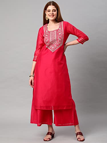 Image of GoSriKi Women's Cotton Blend Solid Straight Kurta with Palazzos & Dupatta (DHARAN)