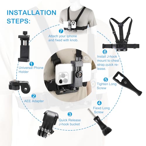 PellKing Mobile Phone Chest Strap Harness Mount Head Strap Holder Kit for POV/VLOG,Cell Phone Clip Compatible with iPhone,Samsung,GoPro Hero 9, 8,7, 6, 5, 4, 3,2, 1,AKASO,DJI Osmo,and Action Cameras…