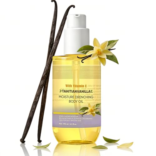 Vitamin E Body Oil 192ml Tahitian Vanilla Moisturising Body Oil Hydrating Body Oil for Dry Skin Lightweight Fast Absorbing Skin Care Oil for Soft Smooth Glowing Skin