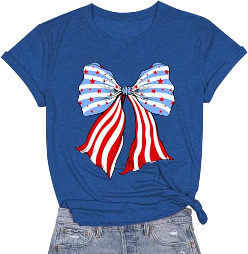 4th of July Shirts Women USA Shirt Patriotic T Shirt American Flag Shirt Bow Holiday Vacation Casual Outfit2