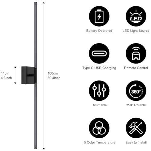 Image of Wall Sconces Set of Two with Remote Control, 39.4 in Dimmable Black Battery Operated Wall Lights, 350 Ratation 3000K-6000K LED Wireless Rechargeable Sconce for Bathroom, Living Room, Bedroom