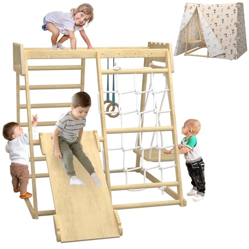 Image of Indoor Jungle Gym for Toddlers, Multifunction Indoor Playground with Tent, Indoor Playground Climbing Toys for Toddlers, Montessori Indoor Climber Playset with Tent, Slide, Swing and Climbing Net