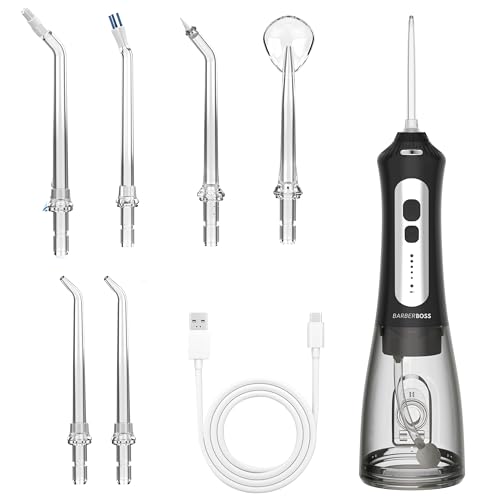 BarberBoss Irrigador Bucal Inalámbrico, Dientes y Encías 6 Puntas Multifuncionales, Pantalla LED, Recargable por USB, Estuche Viaje Incluido, Irrigador Eléctrico, Implantes y Salud de Encías (Negro)