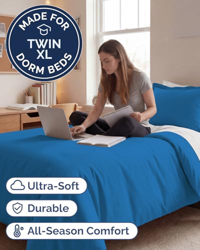 Image of Duvet Cover Twin /Twin XL Size Set - Extra Soft Twin /Twin XL Duvet Cover 68 inch x 90 inch with 1 Pillow Sham for Women, Men, Kids & Teens - Comfy, Easy-Care & Fade Free w / Zipper Closures & Ties (Royal Blue)