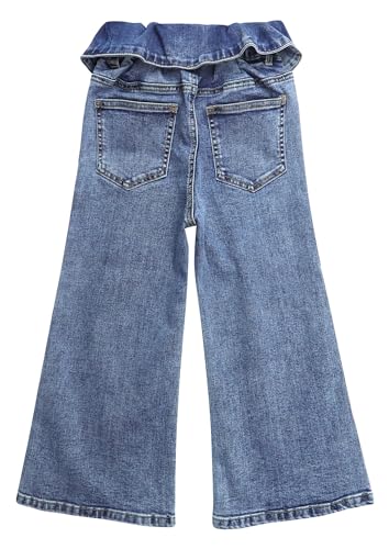 KIDSCOOL SPACE Flounced Girls Wide-Leg Stretch Denim Pants, 5-14T Ribbed Elastic Waist with Chain Jeans2