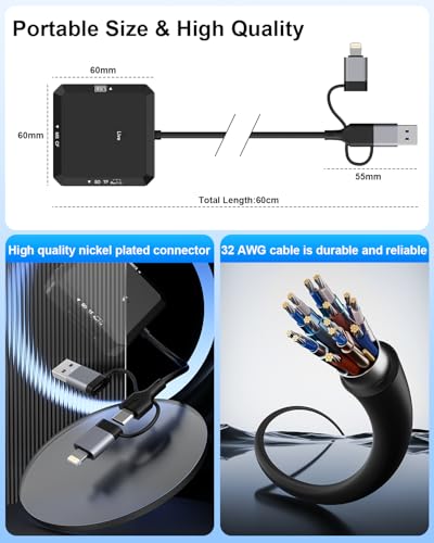 Lector de Tarjetas múltiple 8-en-1, Conector USB-C USB-A Lightning de 3 Puertos a SD, TF, CF, MS, USBA, USBC, OTG – Adaptador Lector de Tarjetas de Memoria para iPhone 17/16, iPad, Android, Mac - imagen 5