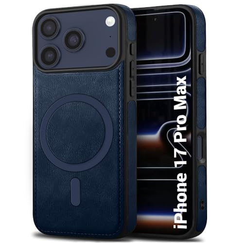 Image of TheGiftKart Genuine Leather Finish Back Cover Case for iPhone 17 Pro Max | ShockProof Design | Raised Edges for Camera & Screen Protection | Stunning Minimalist Design Cover (MagSafe Compatible, Blue)