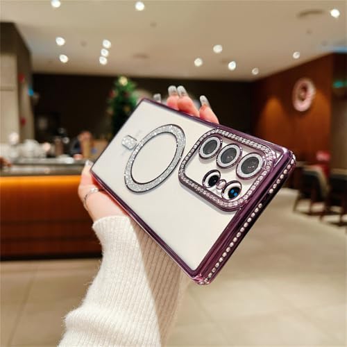 Coque S24 violette avec diamant 3D paillettes et chargement sans fil magnétique