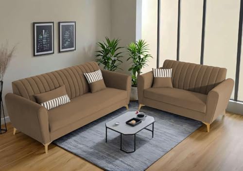 Image of Adorn India Premium Luster 3-2 Sofa Set | Velvet Suede Fabric | 3-Year Warranty | Color Camel with Golden Legs & Striped Pattern Cushion