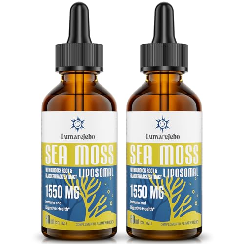 Lumarejebo Gotas lipossomal de musgo do mar irlandês de 1550 mg, com raiz de Bardana e extrato de fucus, 4 vezes mais potente do que comprimidos e géis, suplementos vitamínicos, 60 ml (embalagem de 2)