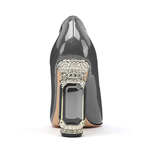 Image of JANSEVEN Women Chunky Heels Pumps Crystal Block Heels with Rhinestones Pointed Toe Sexy Gradient Patent Leather Slip on Bridal Party Wedding Dress Shoes 5-13 M US