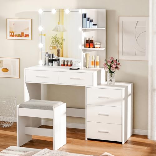usikey 43.5in Large Vanity Desk with Mirror and 10 LED Lights, Makeup Vanity Table with Lights and 5 Drawers, White Vanity Table Vanity Set with Storage Shelves and Stool for Women Girls, White - Thumbnail 2