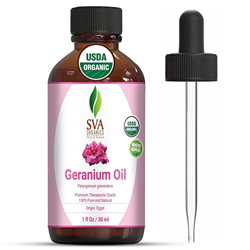 SVA Organics Geranium Essential Oil 1oz (30ml) Premium Essential Oil with Dropper for Diffuser, Aromatherapy, Skin Care, Hair Care, Scalp Massage & Body Massage