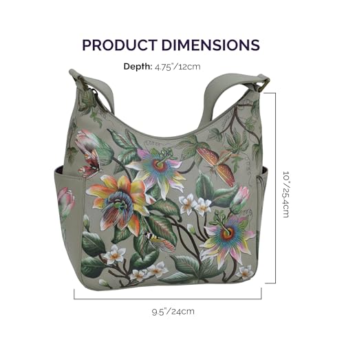 Image of Anuschka Women's Hand-Painted Genuine Vegetable Tanned Leather Classic Hobo With Side Pockets - Floral Passion