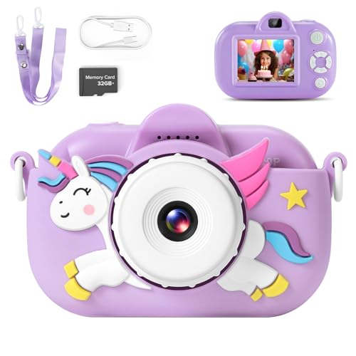 Kids Digital Camera for Girls Ages 3–8 32MP Photo & 1080p HD Video Camera, Cute Soft Protective Case, 32GB SD Card Included Ideal Birthday for Kids