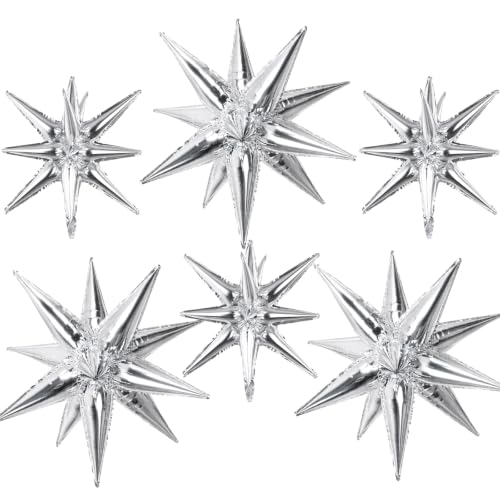 AULE 6PC Different Size Silver Foil Star Burst Metallic Balloons