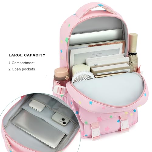 Image of RRTGNEI Kids High Middle School Backpack for Girls 5-12 Kawaii Travel Star Bookbag,Pink Star