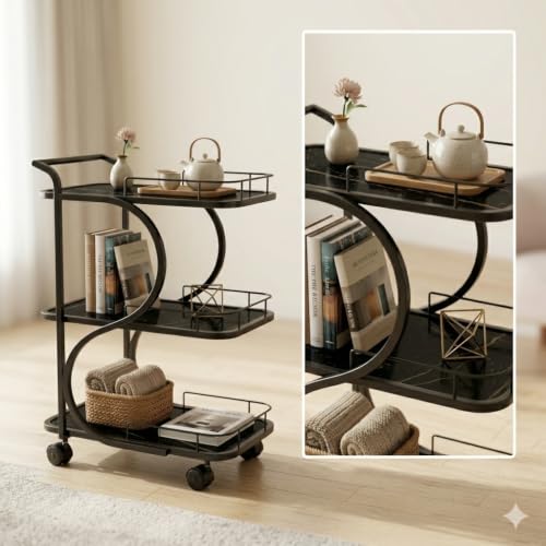 Image of Serving Trolley with Wheels for Home, Tea Food Drinks Serving Kitchen Trolley Restaurant, Hotels,Dining Room bar cart with Wheels (Full-Black)